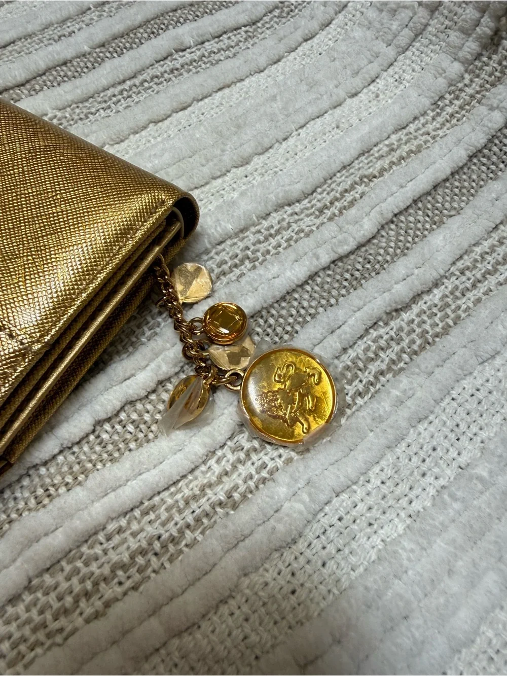MCM Metallic Gold Saffiano Leather Compact Wallet with Charm